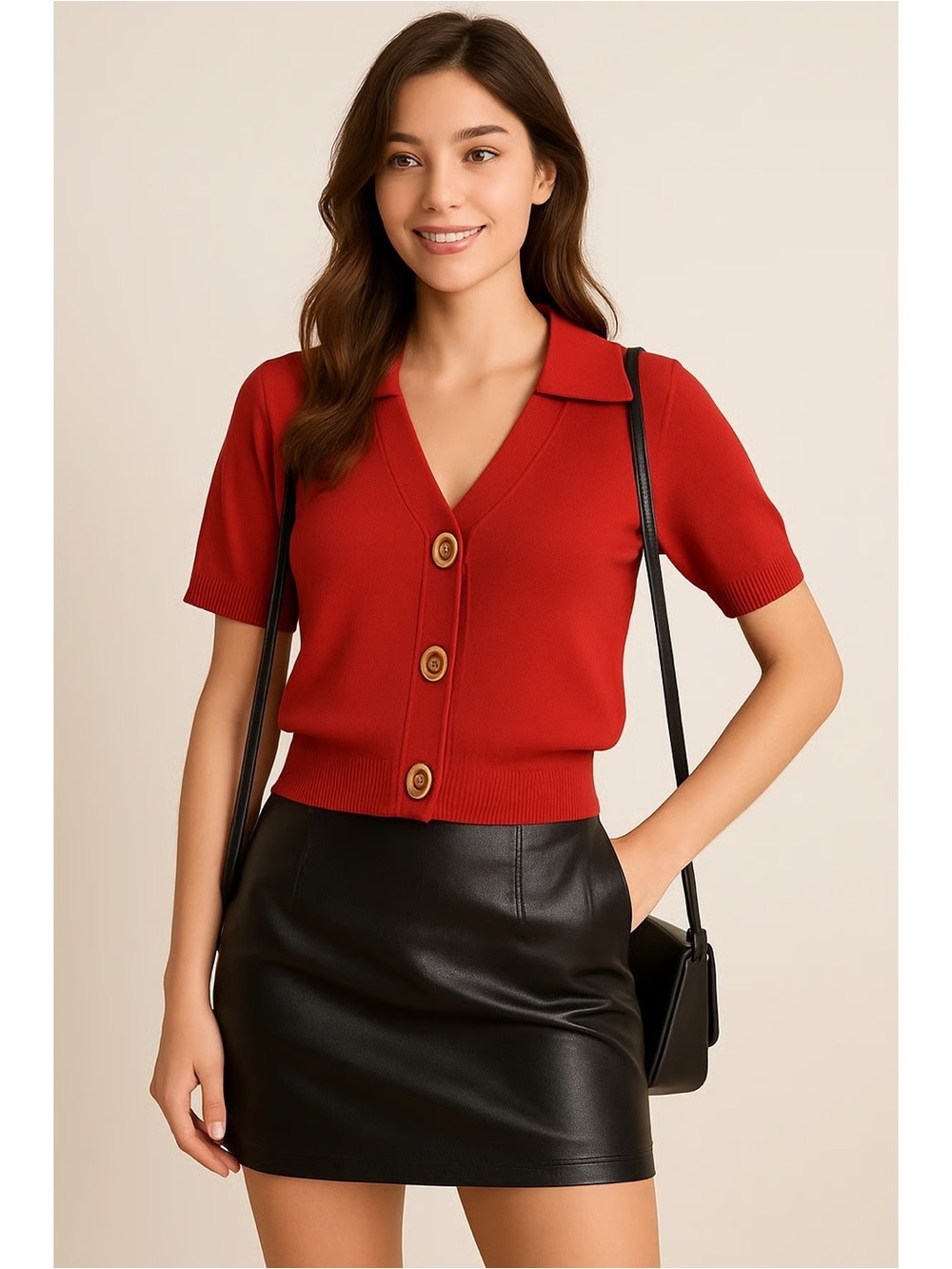 Commense Red Knit Top with Gold Button Detail Short Sleeve Collared Shirt M